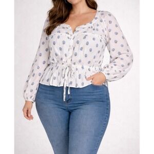 Pilcro Anthropologie White Blue Floral Embroidered Tiered Blouse Plus 1X